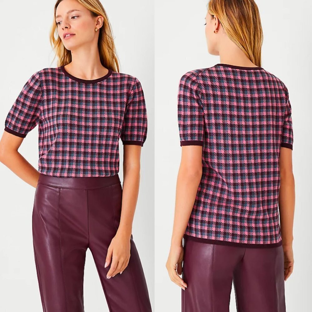 🦋 ANN TAYLOR Plaid Sweater Tee Pink Size Small